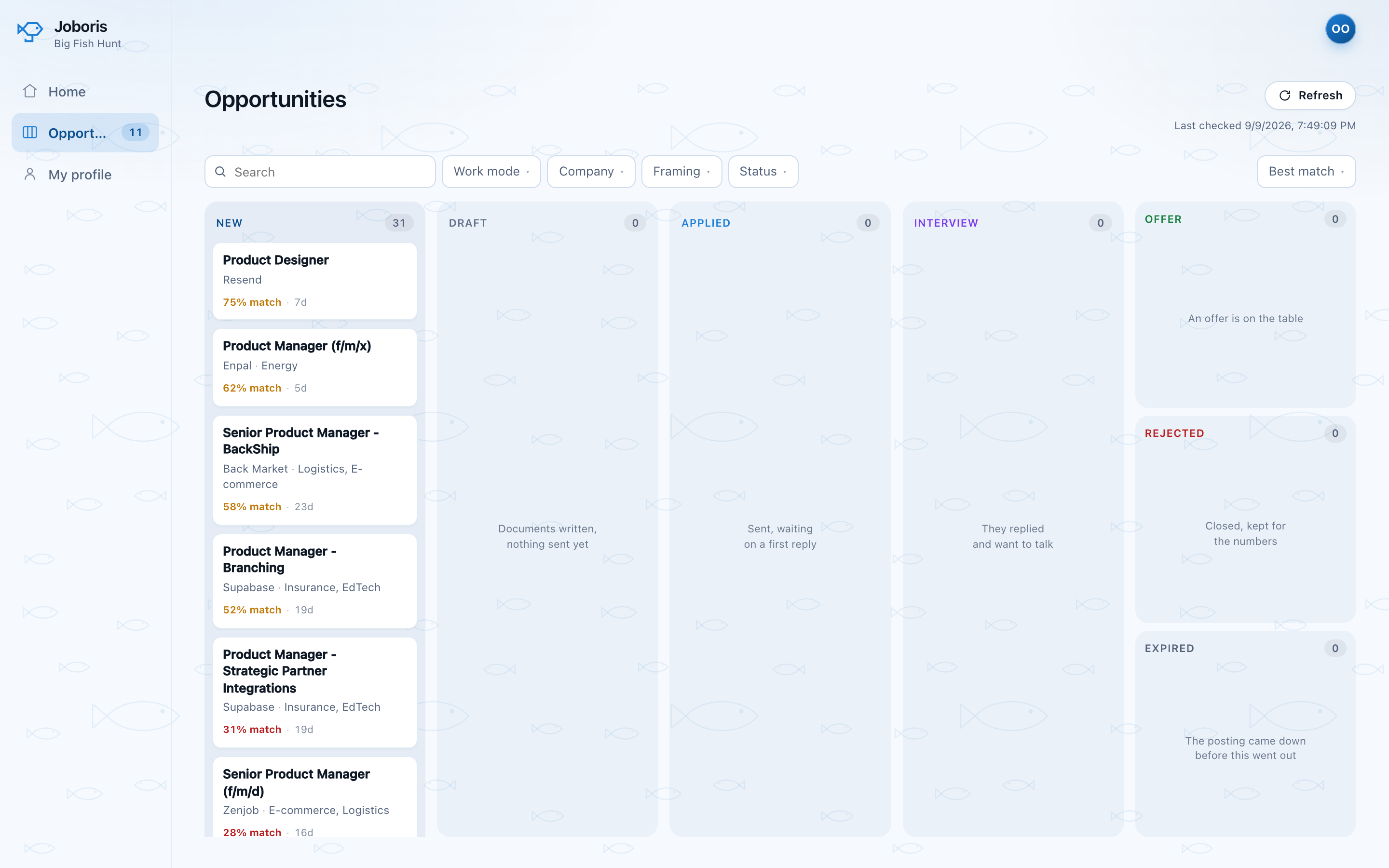 The Joboris board, with scored postings in the New column and columns for draft, applied, interview, offer and rejected.